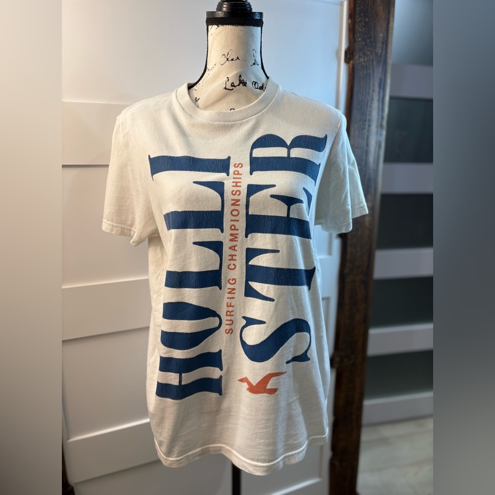 Hollister White Graphic Tee Large Surfing Championships Blue Orange Print 100% C